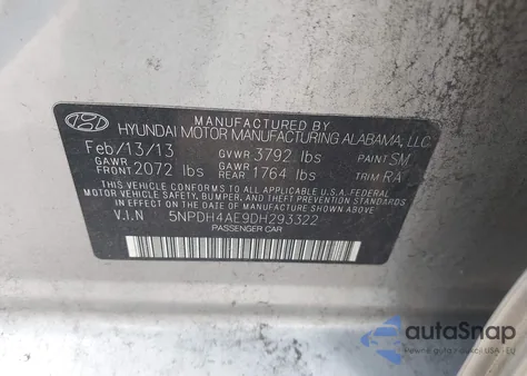 2013 Hyundai Elantra Gls/Limited from USA, damaged, VIN 5NPDH4AE9DH293322